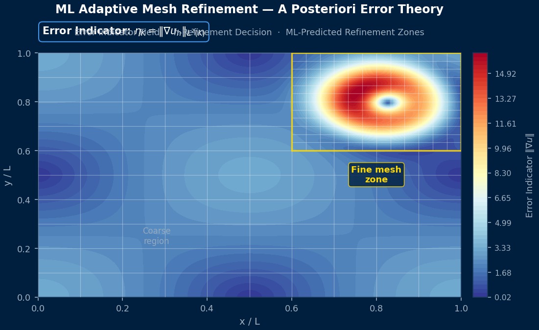Theory of ML adaptive mesh refinement in FEA: a posteriori error indicator field driving automatic mesh densification in high-gradient regions