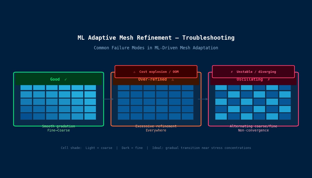 Troubleshooting ML adaptive mesh refinement: comparison of good gradation versus over-refinement and oscillating mesh patterns in FEA