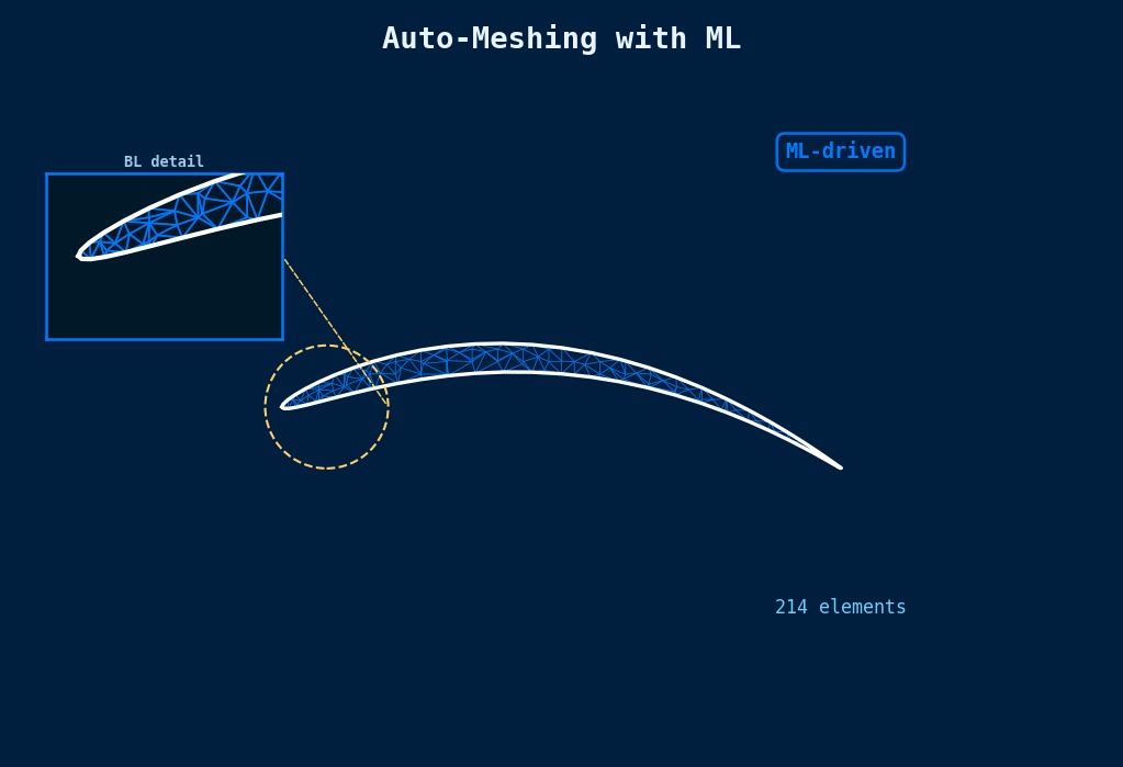 Advanced ML automatic meshing in CAE: high-quality triangular mesh generation on complex geometry with boundary layer refinement and zoomed detail