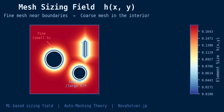 Auto-meshing theory in CAE: mesh sizing field h(x,y) showing spatial variation of target element size from fine near boundaries to coarse in the interior