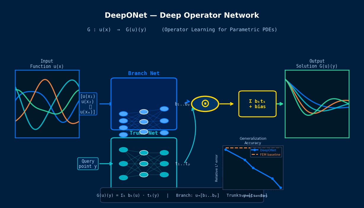 DeepONet architecture diagram: Branch Net encodes input function u(x) and Trunk Net encodes query point y, their dot product yields operator output G(u)(y)