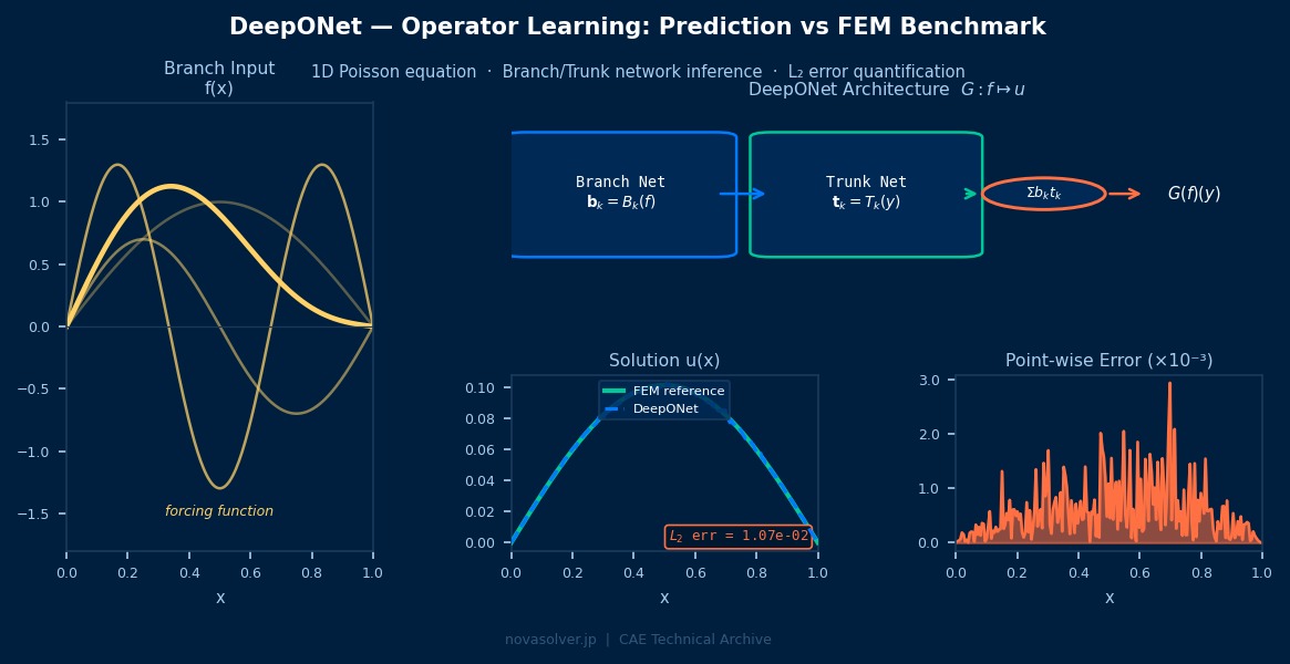 DeepONet算子学习：Branch/Trunk网络预测与FEM参考解对比，1D泊松方程L2误差定量分析