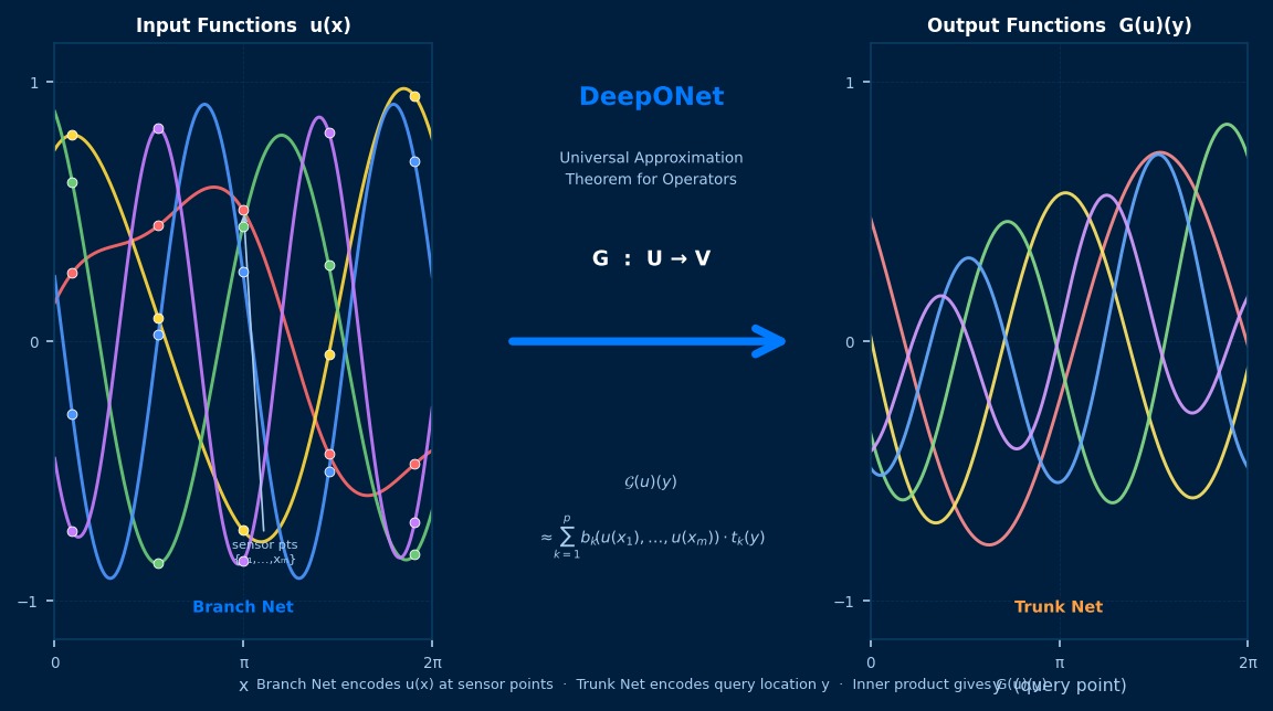 DeepONet operator learning visualization: input function family mapped through Branch Net and Trunk Net to output functions, illustrating the universal approximation theorem for operators G(u)(y)
