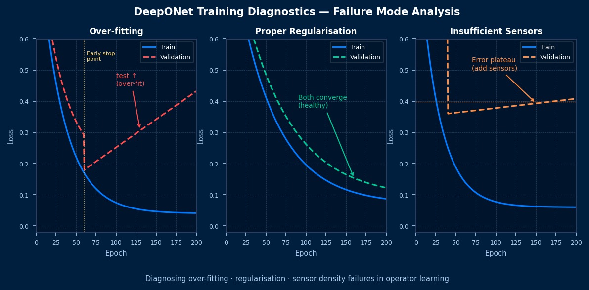 DeepONet training loss curves showing over-fitting, proper regularization, and insufficient sensor point failure modes