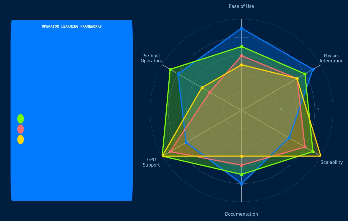 Radar chart comparing DeepONet frameworks: DeepXDE, NVIDIA Modulus, PyTorch custom, JAX/Flax across ease of use, physics integration, scalability, GPU support, documentation, and pre-built operators
