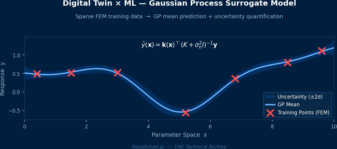 Digital twin ML theory in CAE: Gaussian process surrogate model trained on sparse FEM simulation data with uncertainty quantification