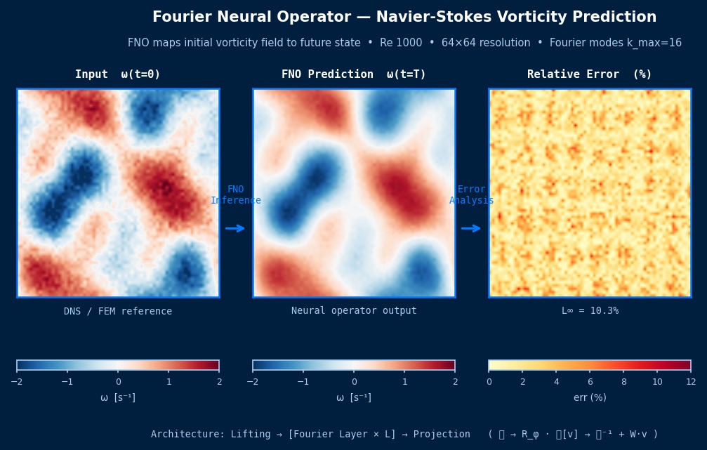 Fourier Neural Operator predicting Navier-Stokes vorticity field: input at t=0, FNO prediction at t=T, and relative error map on 64x64 grid