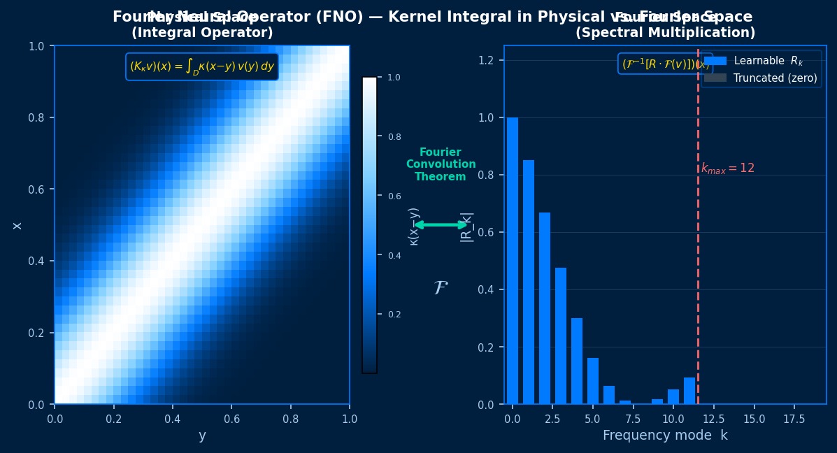 Fourier Neural Operator（FNO）：物理空间中平移不变核算子κ(x-y)的热图与傅里叶空间谱乘法R_k（含k_max截断）可视化对比