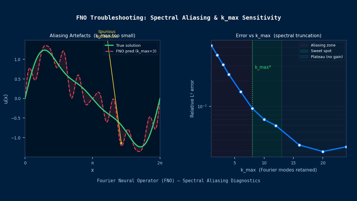 FNO aliasing artifacts when k_max is too small vs smooth true solution, and error vs k_max elbow curve for Fourier Neural Operator troubleshooting