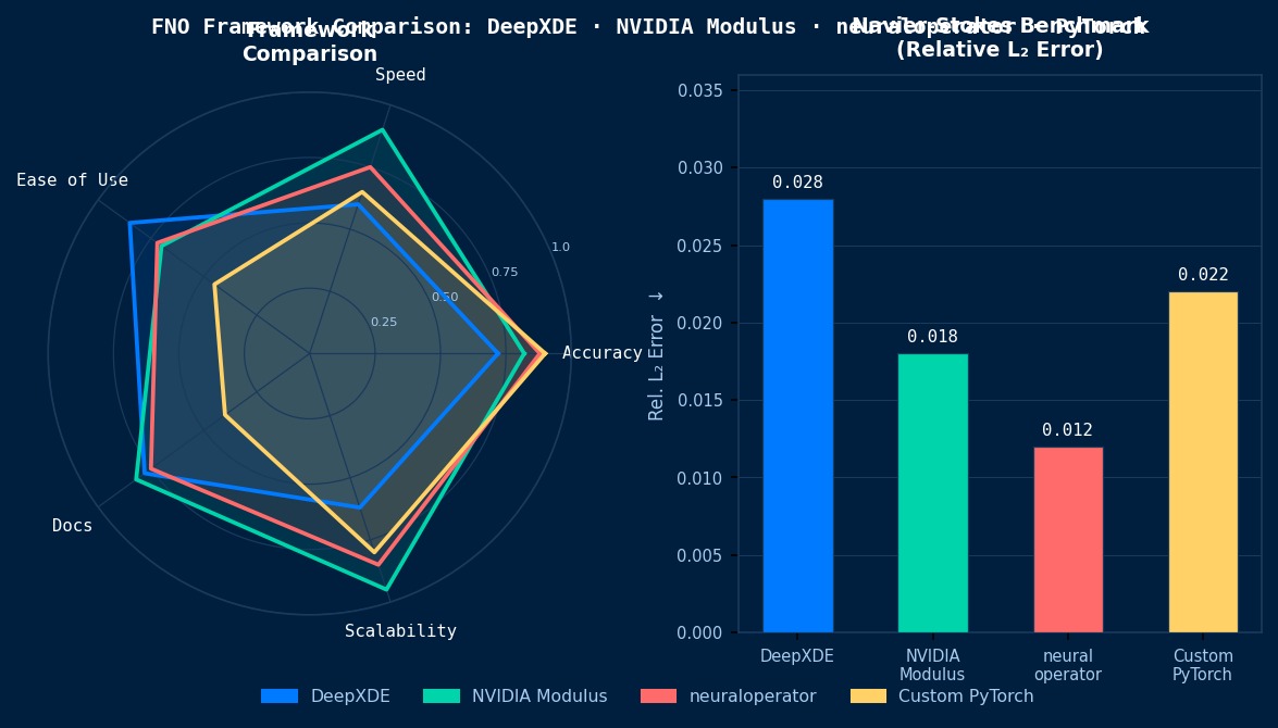 FNO框架对比雷达图与Navier-Stokes基准误差柱状图：DeepXDE、NVIDIA Modulus、neuraloperator、自定义PyTorch相对L2误差