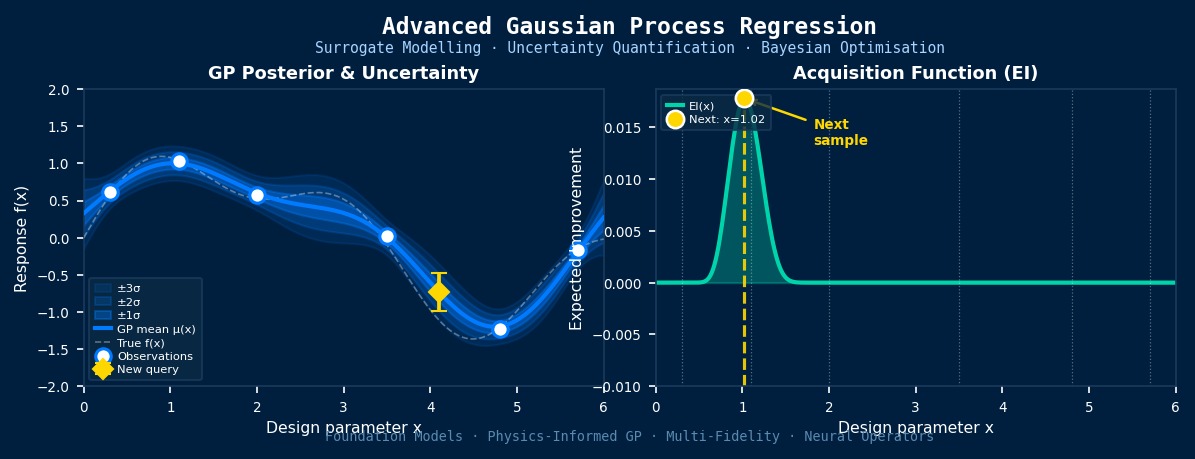 Advanced Gaussian Process Regression surrogate model showing GP posterior uncertainty bands and Expected Improvement acquisition function for Bayesian optimization in CAE