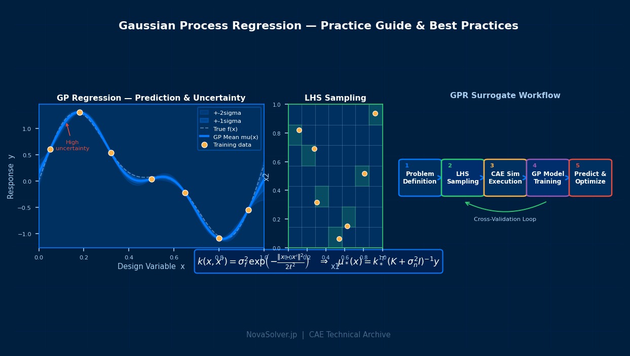 Gaussian Process Regression surrogate model workflow: GP posterior mean with uncertainty bands, Latin Hypercube Sampling design, and 5-step GPR practice pipeline diagram