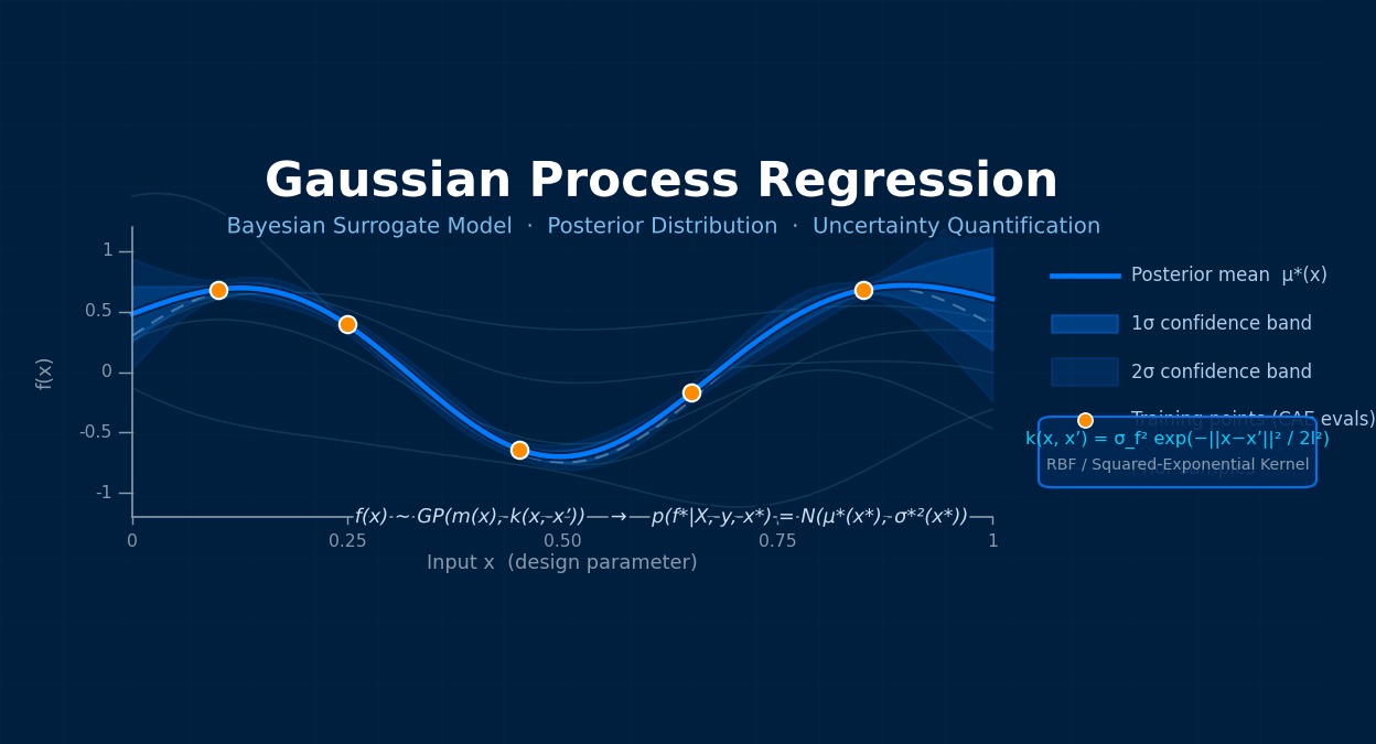 Gaussian Process Regression surrogate model: posterior mean curve, 1σ/2σ Bayesian confidence bands, sparse training points from CAE evaluations, and RBF kernel equation — uncertainty quantification for engineering simulation