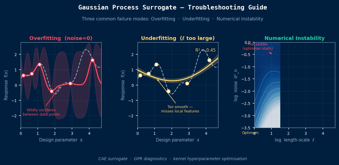Gaussian Process Surrogate Troubleshooting: three failure modes — overfitting with oscillating GP mean, underfitting due to excessive length-scale, and numerical instability in log-marginal-likelihood landscape