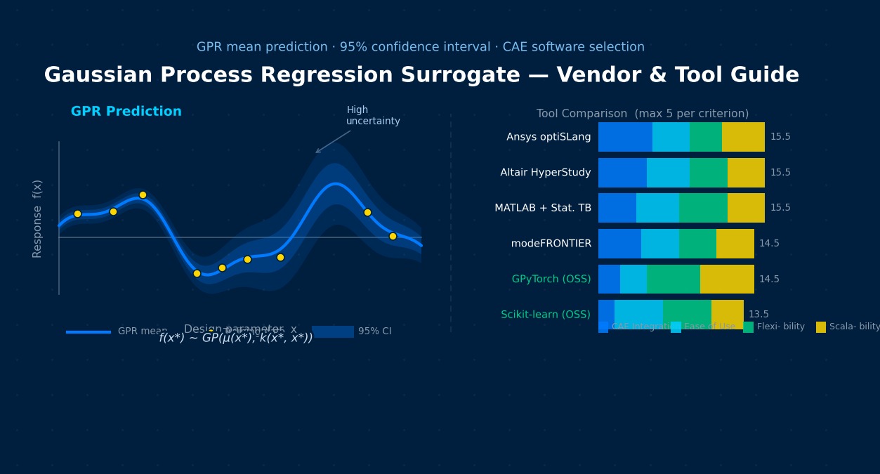 高斯过程回归代理模型工具对比：GPR均值预测曲线（附95%置信区间）与Ansys optiSLang、Altair HyperStudy、MATLAB、modeFRONTIER、GPyTorch、Scikit-learn选型基准图