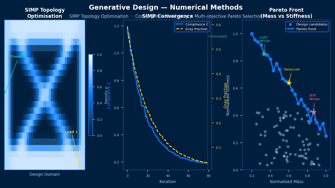 生成设计数值方法：SIMP拓扑优化密度场、收敛监控图表及质量与刚度多目标帕累托前沿