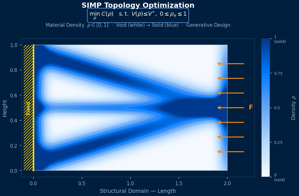 Generative design theory in CAE: SIMP topology optimization density field showing material distribution from void to solid with volume constraint and boundary conditions