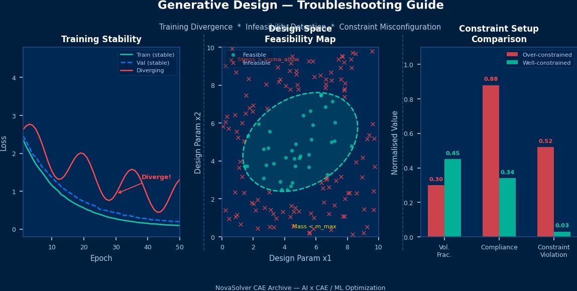 Generative design troubleshooting in CAE: training loss divergence curves, feasibility map of design space with infeasible regions marked, and over-constrained vs well-constrained output comparison