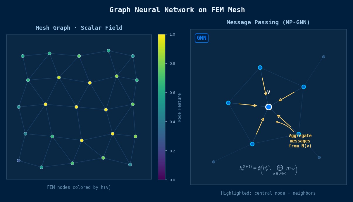 Advanced Graph Neural Networks for FEM mesh simulation: message passing on mesh graph with node feature aggregation from neighboring elements