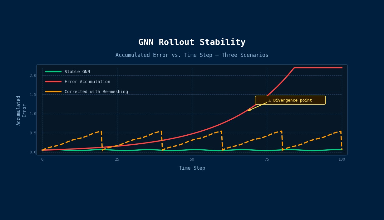 Troubleshooting GNN mesh simulation in CAE: rollout error accumulation over time steps showing stable, diverging, and correction-reset trajectories