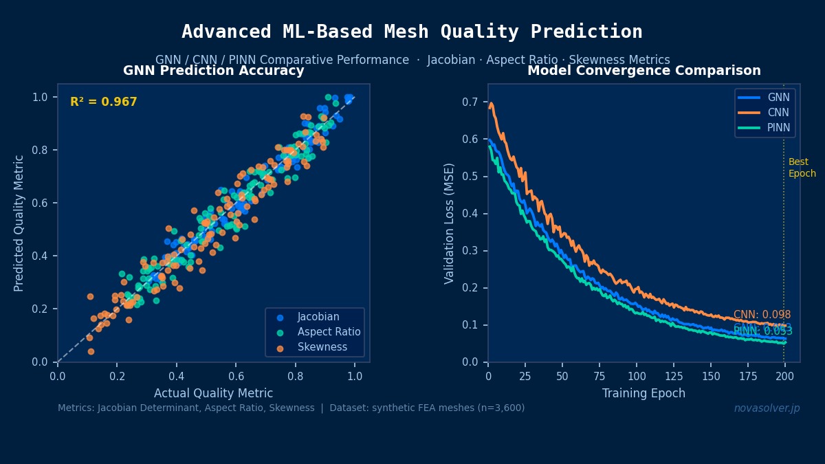 基于机器学习的网格质量预测：GNN/CNN/PINN模型收敛曲线及Jacobian行列式、宽高比、歪斜度预测精度散点图