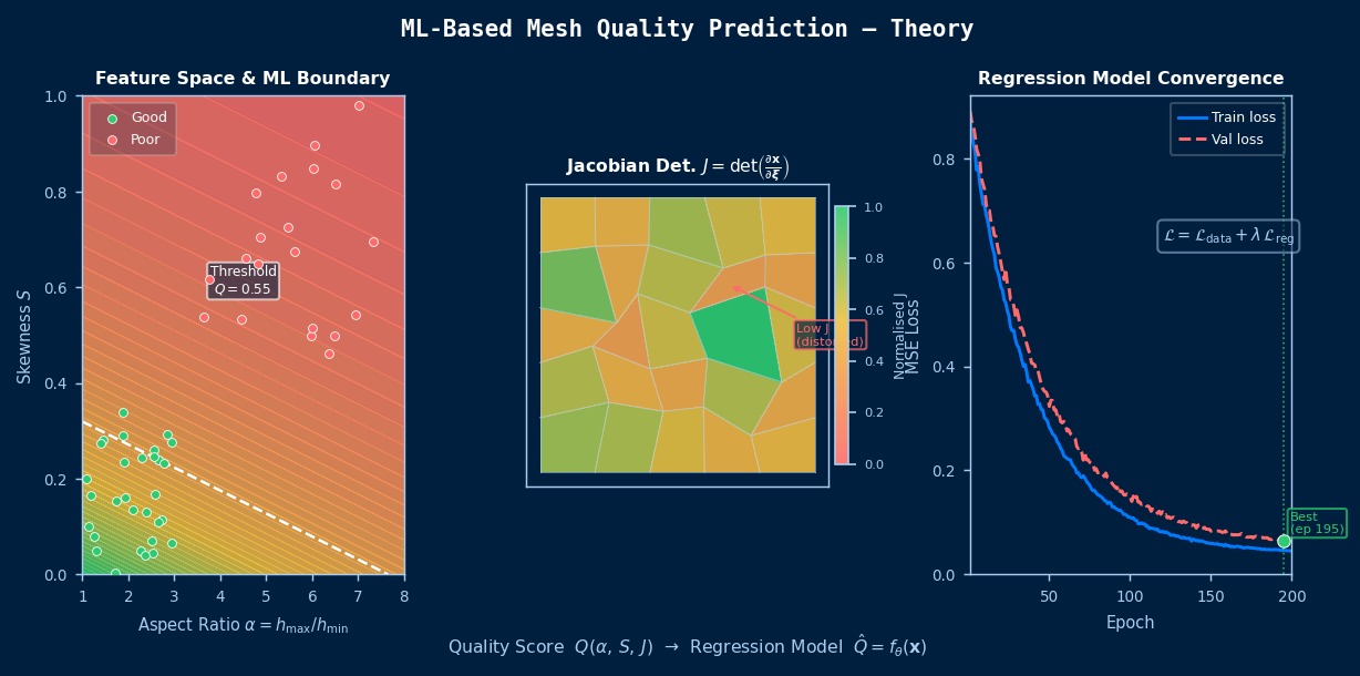 ML mesh quality prediction theory: feature space of aspect ratio vs skewness, Jacobian determinant heatmap on distorted quad mesh, and regression model loss convergence
