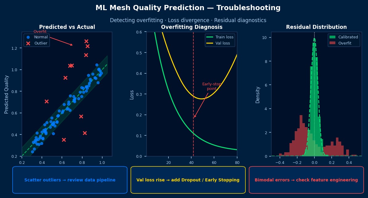 ML mesh quality prediction troubleshooting: predicted vs actual scatter plot with outliers, training/validation loss divergence, and residual error distribution