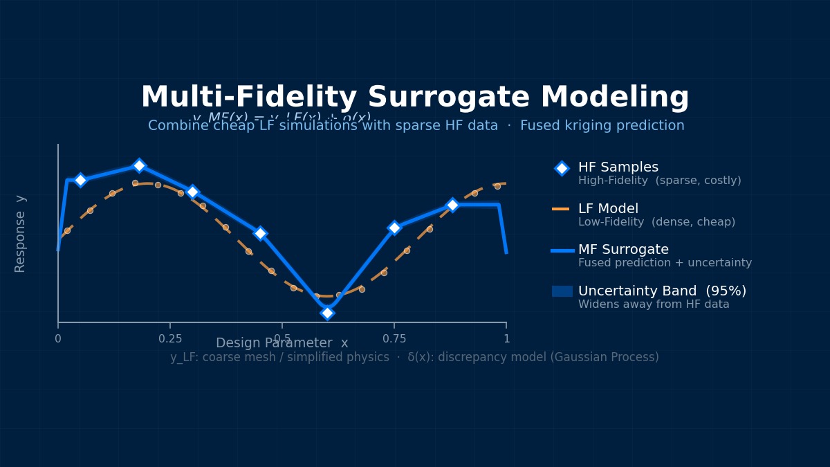 Multi-fidelity surrogate modeling diagram: low-fidelity curve with dense samples, sparse high-fidelity data points, and fused kriging prediction with uncertainty band