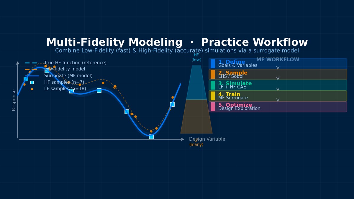Multi-fidelity modeling practice workflow: surrogate model combining low-fidelity and high-fidelity CAE simulation data with 5-step pipeline