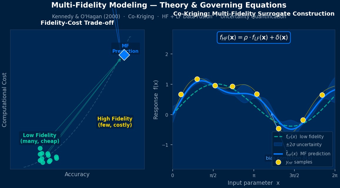 Multi-fidelity modeling Co-Kriging diagram showing cost vs accuracy trade-off for low/high fidelity simulations and 1D surrogate prediction with uncertainty quantification bands