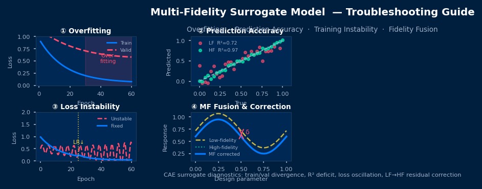 Multi-fidelity surrogate model troubleshooting: overfitting train/val divergence, R² prediction accuracy scatter, loss instability, and LF-HF residual correction diagrams