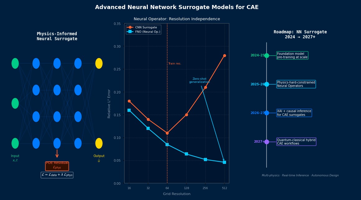 Advanced neural network surrogate model for CAE: physics-informed neural network architecture with PDE residual loss, Fourier Neural Operator resolution independence comparison, and 2024-2027 technology roadmap for NN surrogates