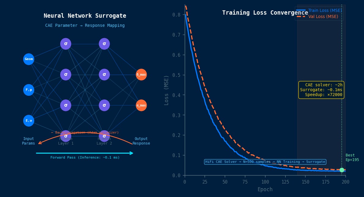 Neural network surrogate model for CAE: multilayer perceptron architecture with backpropagation and MSE training loss convergence, showing ×72000 speedup over HiFi CAE solver