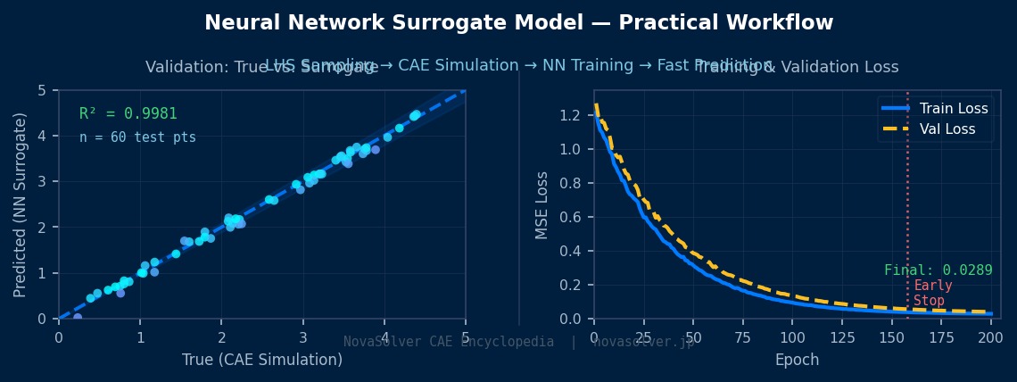 Neural network surrogate model workflow: parity plot of true vs. predicted CAE simulation values and training/validation loss curves showing convergence with early stopping