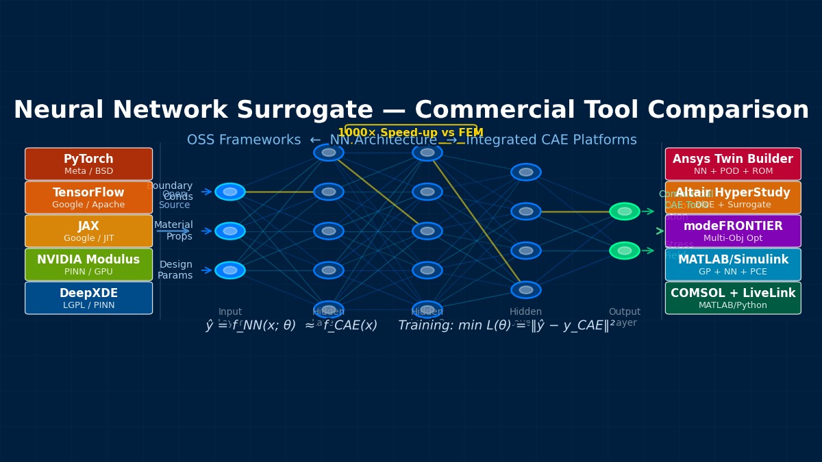 Neural network surrogate model architecture comparing OSS frameworks (PyTorch, TensorFlow, JAX, NVIDIA Modulus) and commercial CAE platforms (Ansys Twin Builder, Altair HyperStudy, modeFRONTIER) with input-output mapping