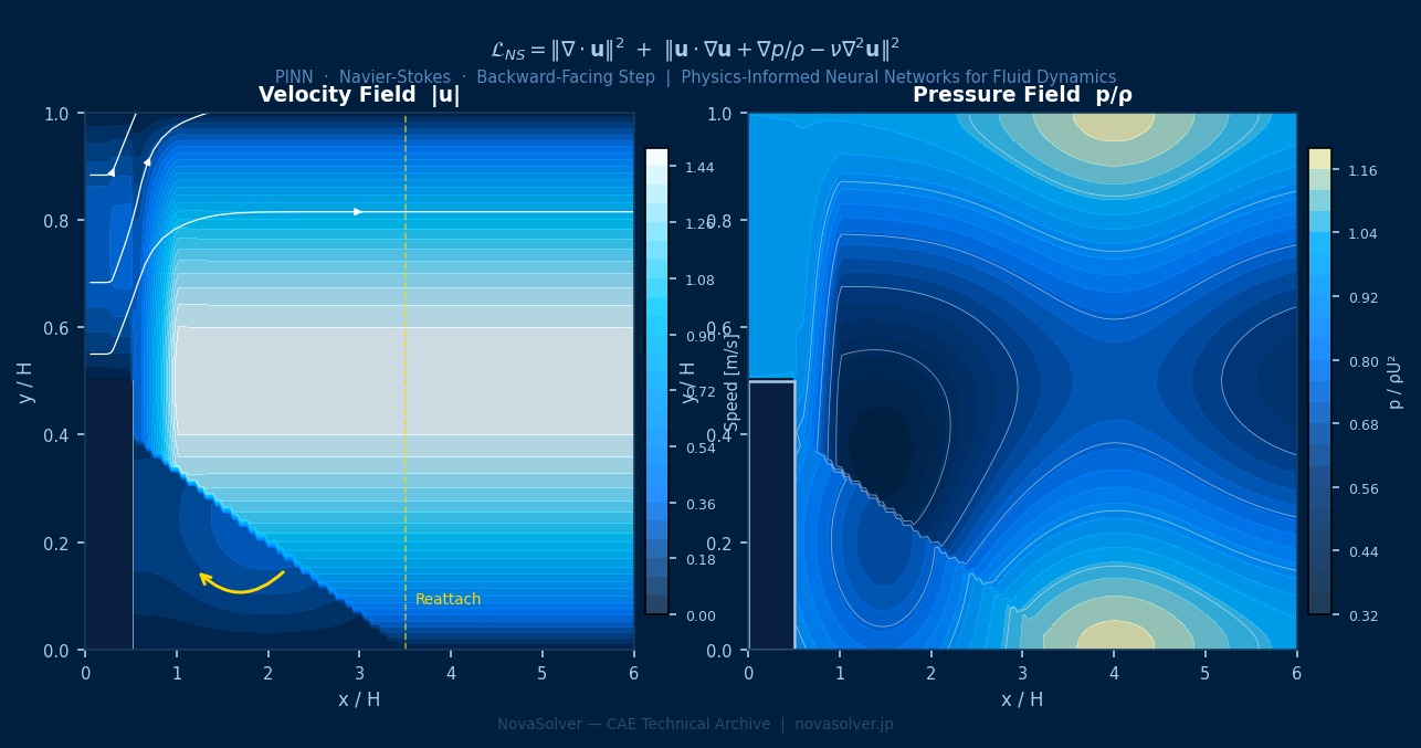 PINN求解纳维-斯托克斯方程：后向台阶几何体上的速度流线（左）与压力场等值线（右），物理信息神经网络流体动力学