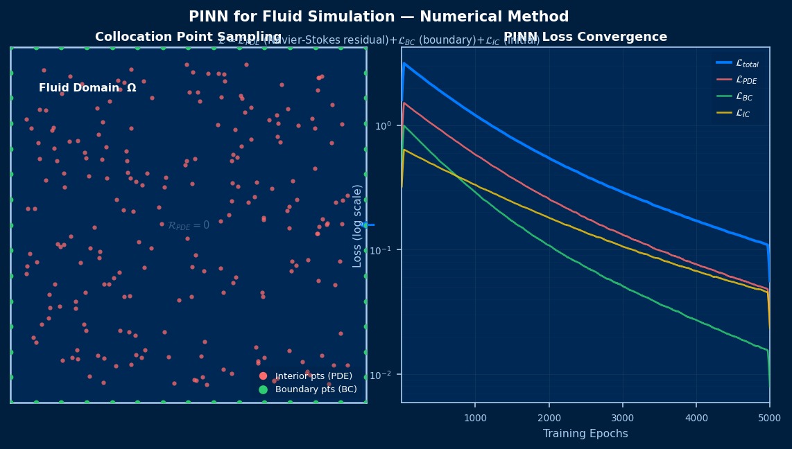 PINN流体仿真：流体域内配点采样（内部PDE点与边界BC点）及神经网络训练过程中的多分量损失收敛曲线（L_PDE + L_BC + L_IC）