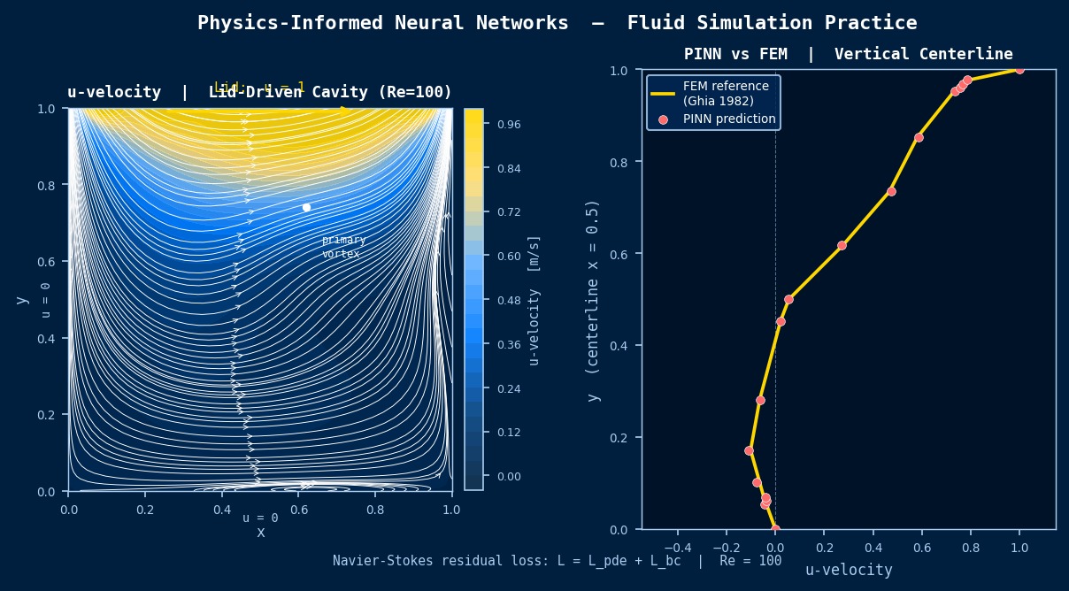 PINN lid-driven cavity flow Re=100: u-velocity contour with streamlines and PINN vs FEM centerline comparison