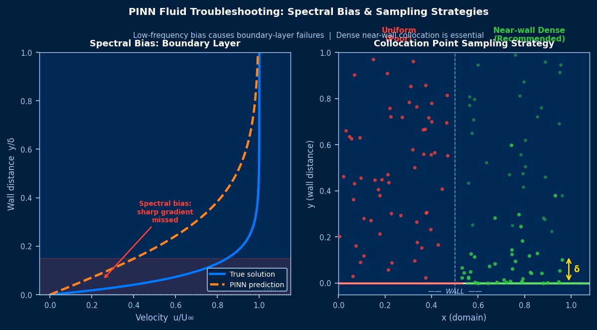 PINN fluid troubleshooting: spectral bias missing boundary layer vs recommended near-wall collocation point sampling