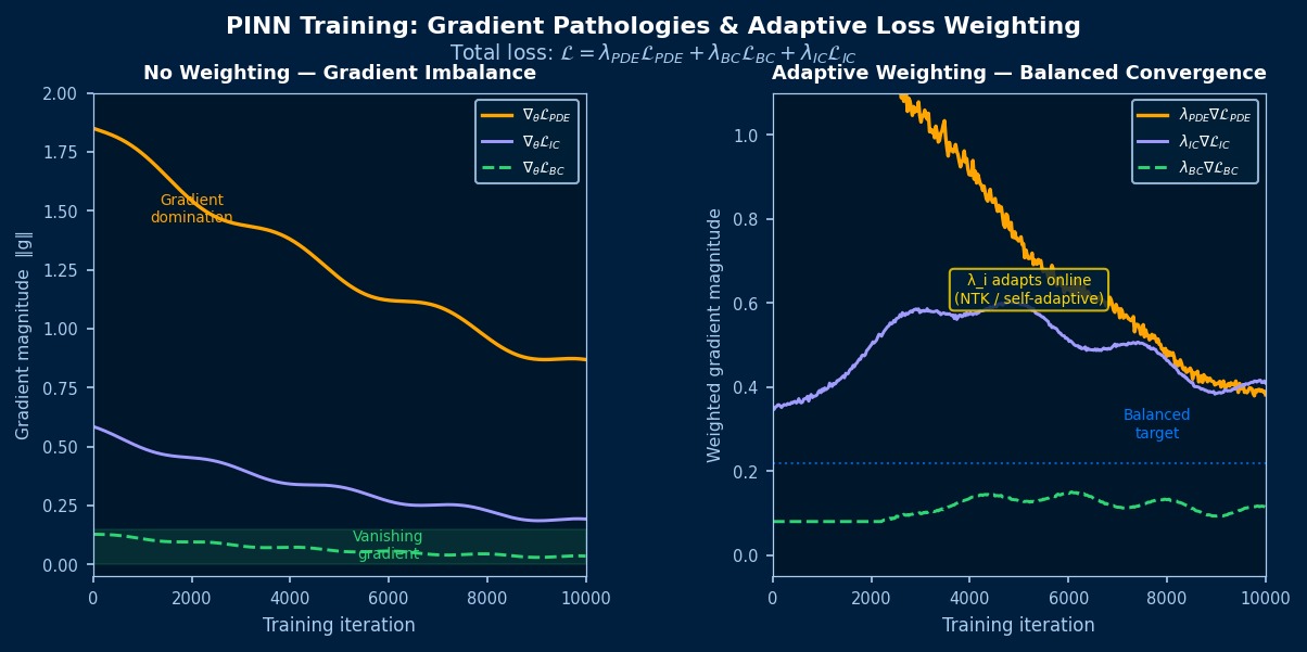 PINN训练梯度病理可视化：无权重损失失衡与自适应lambda权重平衡收敛的对比