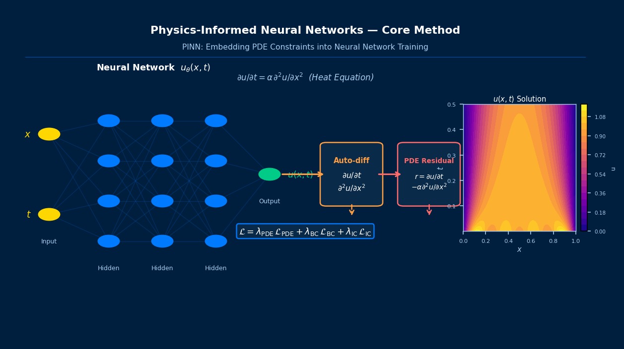 PINN核心方法示意图：以x和t为输入的神经网络，通过自动微分计算热方程残差，并采用复合损失函数 L = lambda_PDE * L_PDE + lambda_BC * L_BC + lambda_IC * L_IC 进行训练