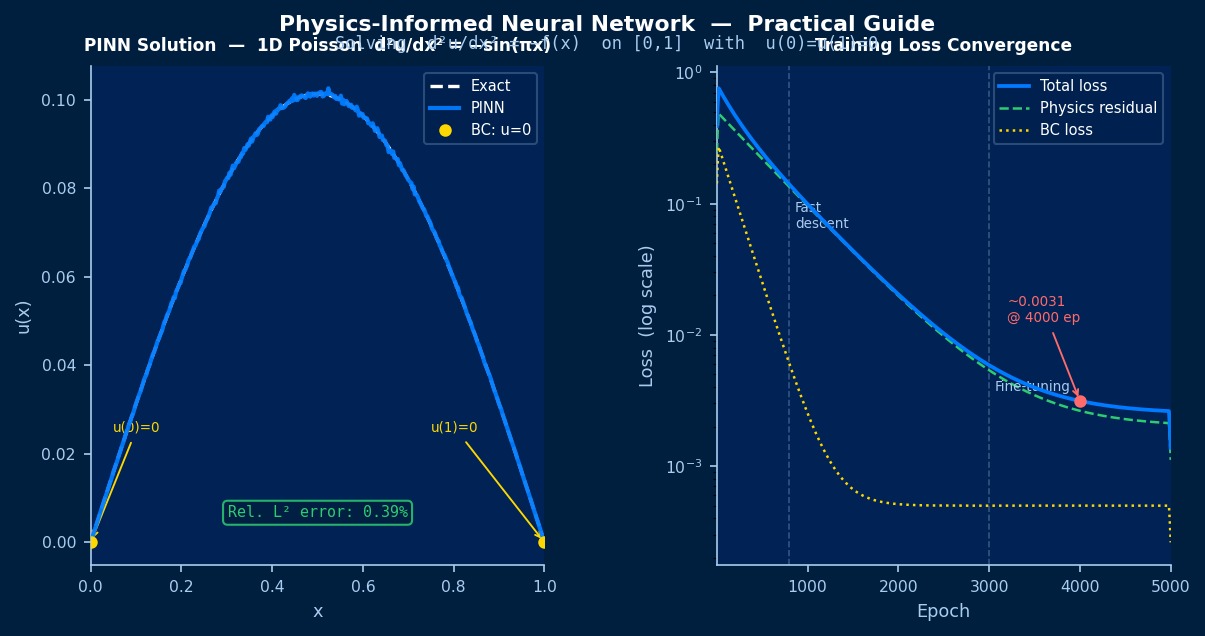 Physics-Informed Neural Network practical guide: PINN predicted vs exact solution for 1D Poisson equation and training loss convergence curve