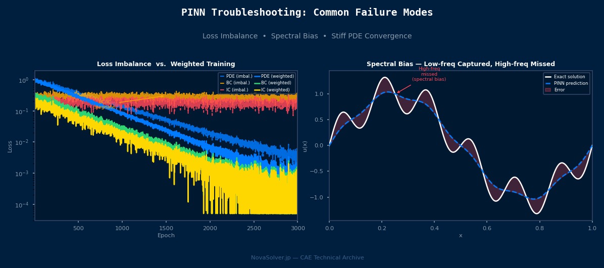 PINN故障排除：损失不平衡训练曲线（PDE/BC/IC分量）与一维偏微分方程的频谱偏差预测误差可视化