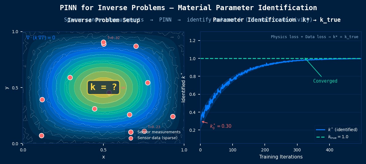 PINN inverse problem visualization: sparse sensor measurements on a 2D thermal domain used to identify unknown thermal conductivity k, with convergence plot showing k* approaching k_true over training iterations