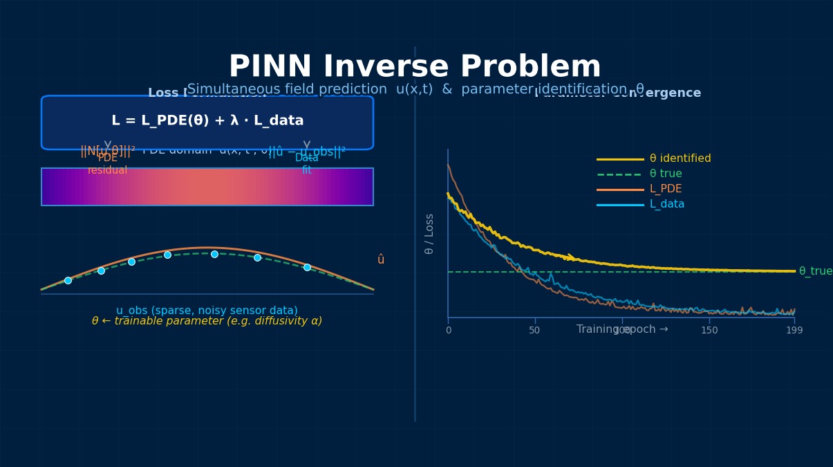 PINN inverse problem: neural network simultaneously predicts field u(x,t) and identifies unknown PDE parameter θ (diffusivity) from sparse noisy sensor data