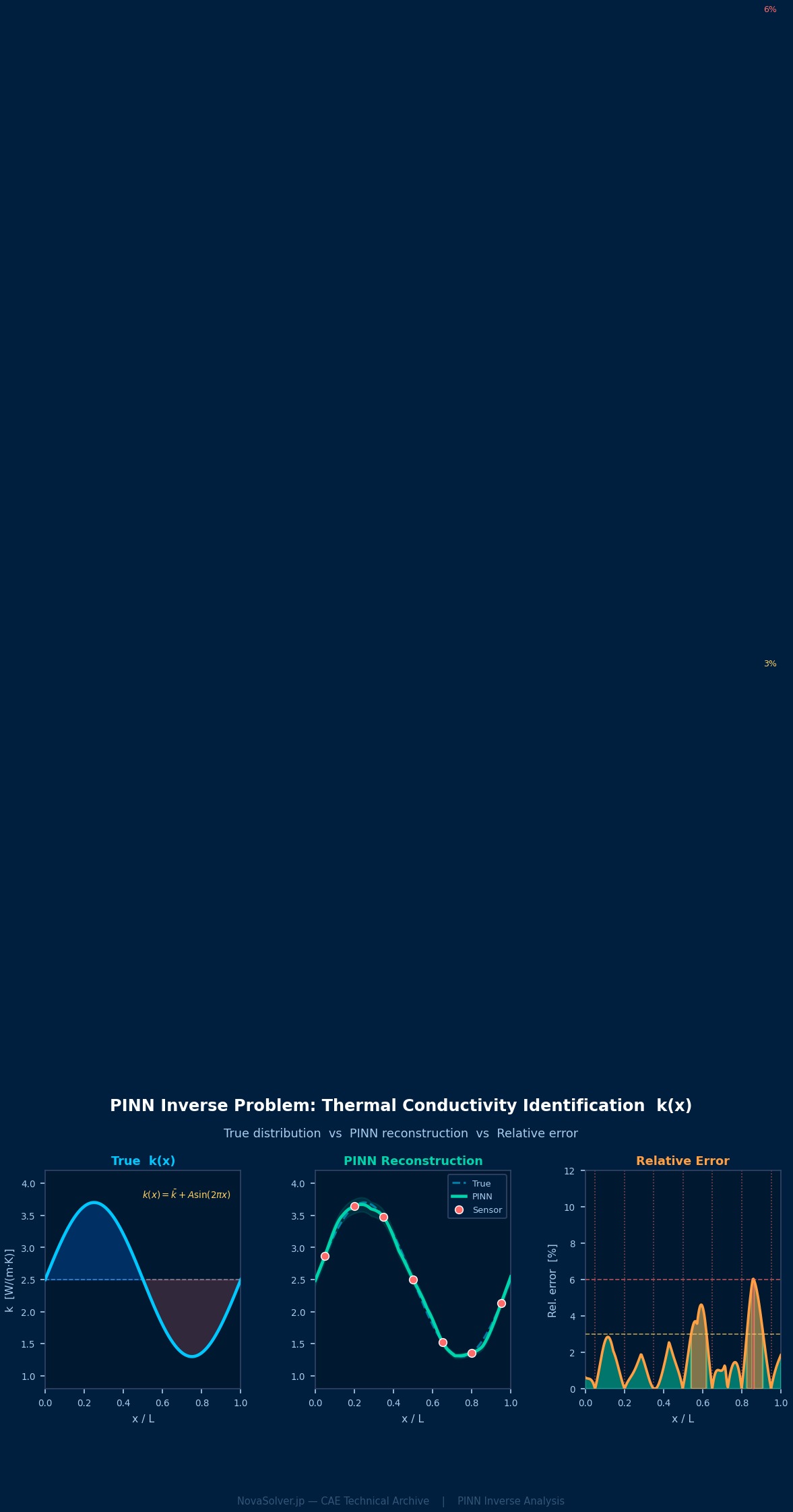 PINN inverse problem: three-panel visualization of true sinusoidal thermal conductivity k(x), PINN reconstruction with red sensor dots, and relative error distribution across the domain