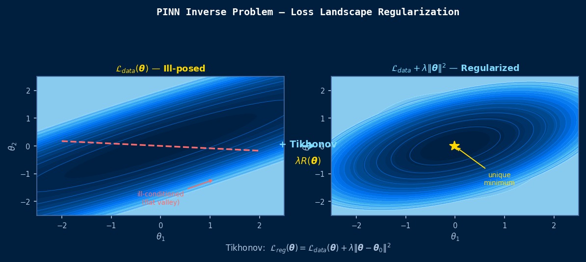 PINN inverse problem loss landscape: ill-posed flat valley versus Tikhonov-regularized well-posed minimum, visualizing parameter identification uniqueness