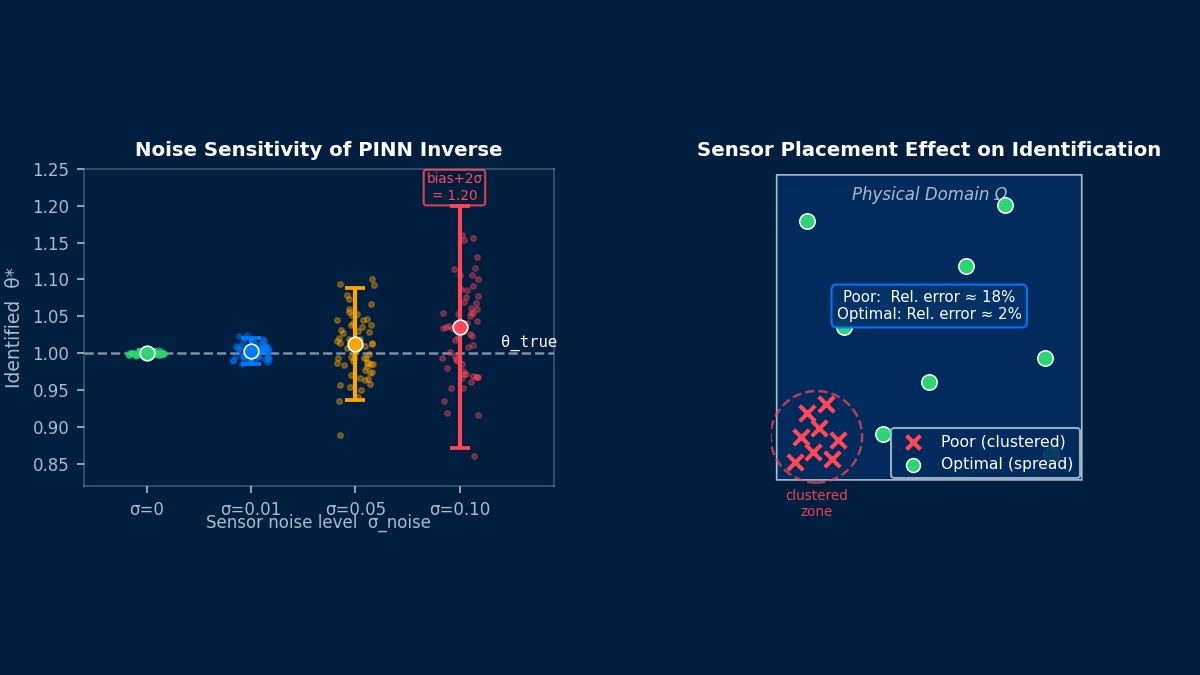 PINN inverse problem troubleshooting: left panel shows identified parameter θ* degradation as sensor noise increases from σ=0 to σ=0.10; right panel contrasts clustered vs space-filling sensor placement and resulting identification errors on a 2D domain