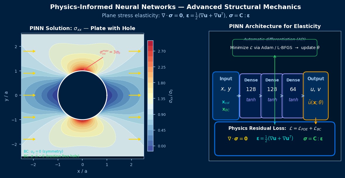 PINN structural mechanics: sigma_xx stress contour for 2D plate with circular hole under uniaxial tension (Kirsch solution), alongside PINN architecture diagram with physics residual loss terms for elasticity equations