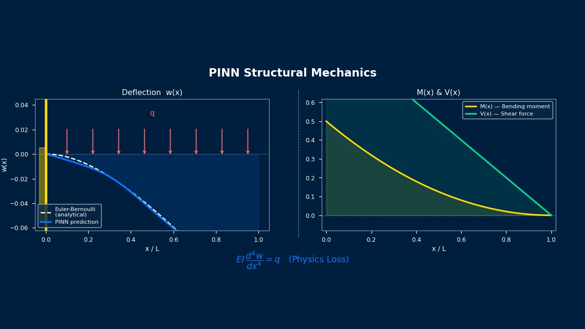PINN structural mechanics visualization: cantilever beam deflection curve predicted by physics-informed neural network (aqua) overlaid on Euler-Bernoulli analytical solution (white dashed), with bending moment M(x) and shear force V(x) diagrams, governed by EI d4w/dx4 = q